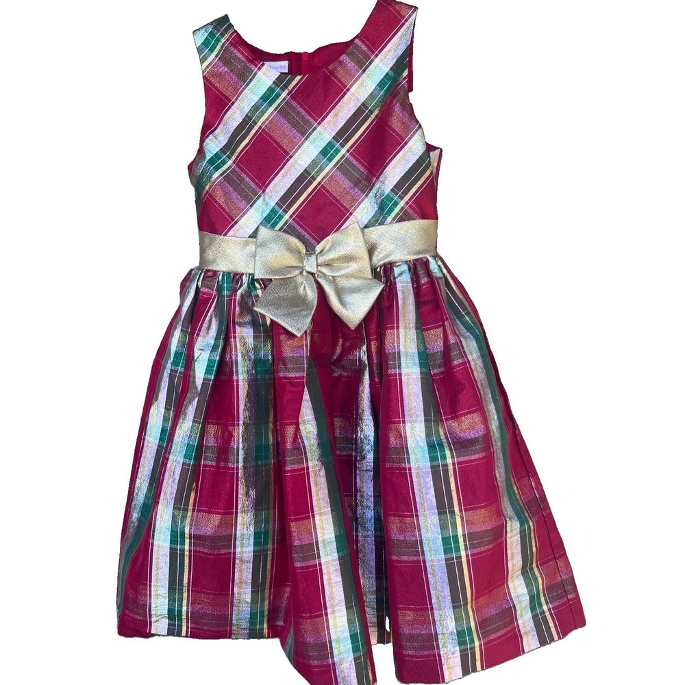 Girls Bonnie Jean Plaid Holiday Christmas Dress Red Green Gold Metallic 6x